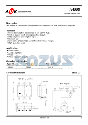 A4558 datasheet - Low Noise Dual OP AMP (The A4558 is a monolithic Integrated Circuit designed for dual operational amplifier.)