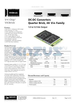 D048C050T015M1N datasheet - DC-DC Converters Quarter Brick, 48 Vin Family