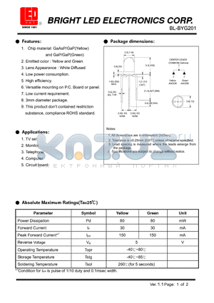 BL-BYG201 datasheet - LED GaAsP/GaP Yellow and Green Low current requirement.