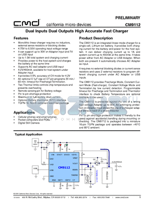 CM9112 datasheet - Dual Inputs Dual Outputs High Accurate Fast Charger