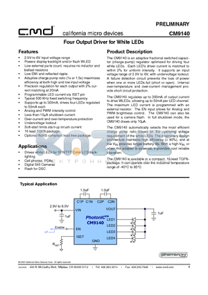 CM9140 datasheet - Four Output Driver for White LEDs