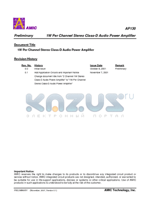 AP130X datasheet - 1W Per Channel Stereo Class-D Audio Power Amplifier