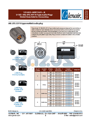 151-002-1-3 datasheet - U-182 . MIL-DTL-55116 Type Audio Plugs Molded Strain Relief for Overmolding