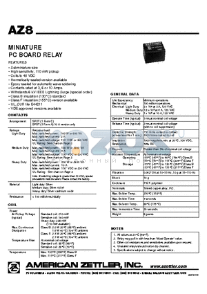 AZ8 datasheet - MINIATURE PC BOARD RELAY