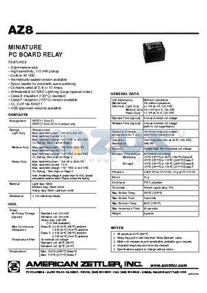 AZ8-1C-12DE datasheet - MINIATURE PC BOARD RELAY