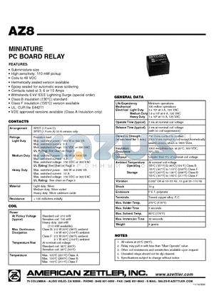 AZ8-1C-12DE datasheet - MINIATURE PC BOARD RELAY