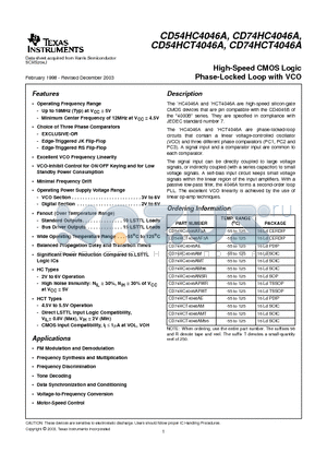 CD54HCT4046AF3A datasheet - High-Speed CMOS Logic Phase-Locked Loop with VCO