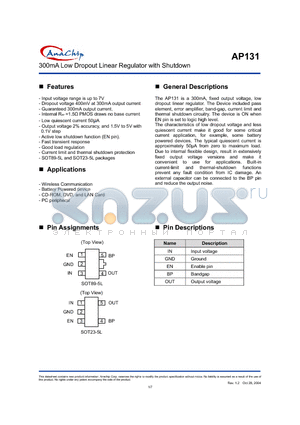 AP131-34Y datasheet - 300mA Low Dropout Linear Regulator with Shutdown