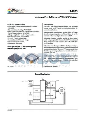A4933 datasheet - The A4933 is a 3-phase controller for use with N-channel external power MOSFETs and is specifically designed for automotive applications.