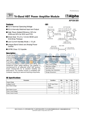 AP134-501 datasheet - Tri-Band HBT Power Amplifier Module
