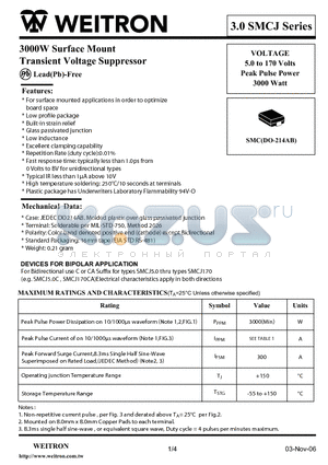 3.0SMCJ90CA datasheet - 3000W Surface Mount Transient Voltage Suppressor