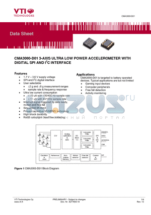 CMA3000-D01 datasheet - 3-AXIS ULTRA LOW POWER ACCELEROMETER WITH DIGITAL SPI AND I2C INTERFACE