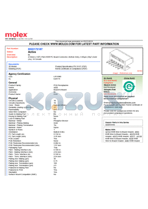 22-17-2187 datasheet - 2.54mm (.100) Pitch KK^ PC Board Connector, Bottom Entry, 0.80lm (30l) Gold (Au), 18 Circuits