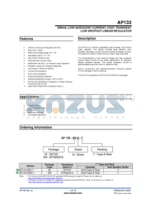 AP133-WG-7 datasheet - 300mA, LOW QUIESCENT CURRENT, FAST TRANSIENT
