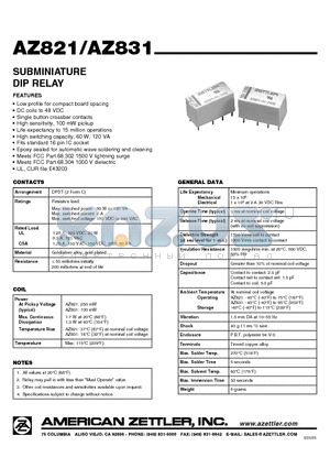 AZ821-2C-12DE datasheet - SUBMINIATURE DIP RELAY