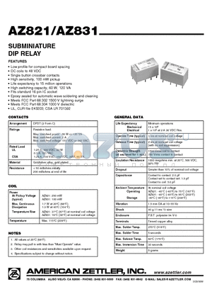 AZ821-2C-12DE datasheet - SUBMINIATURE DIP RELAY