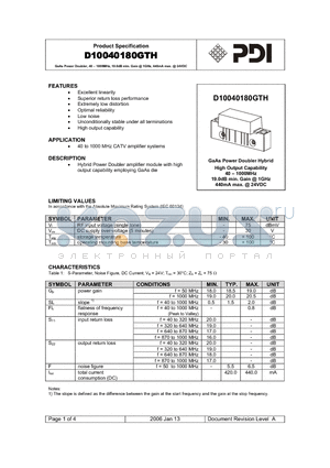 D10040180GTH datasheet - GaAs Power Doubler, 40 - 1000MHz, 19.0dB min. Gain @ 1GHz, 440mA max. @ 24VDC