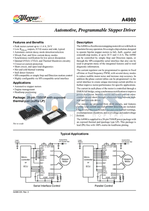 A4980 datasheet - The A4980 is a flexible microstepping motor driver with built-in translator for easy operation.