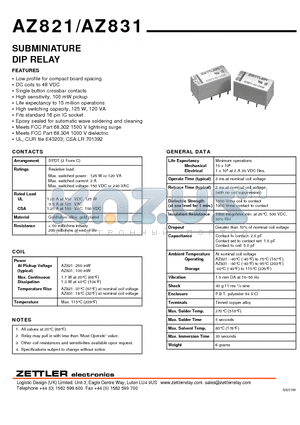 AZ821-2C-9DE datasheet - SUBMINIATURE DIP RELAY