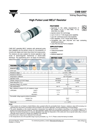 CMB0207 datasheet - High Pulse Load MELF Resistor