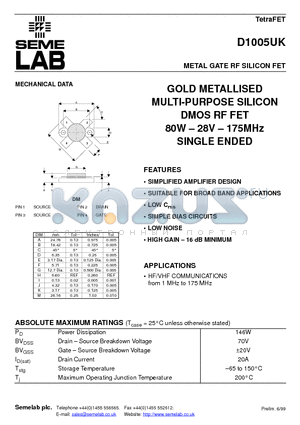 D1005UK datasheet - METAL GATE RF SILICON FET