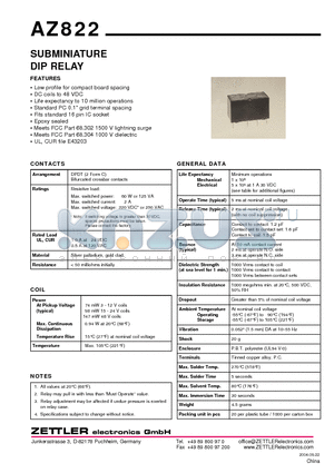 AZ822 datasheet - SUBMINIATURE DIP RELAY