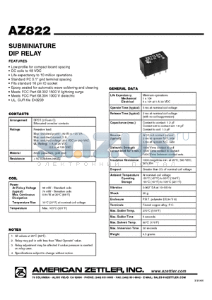 AZ822-2C-12DE datasheet - SUBMINIATURE DIP RELAY