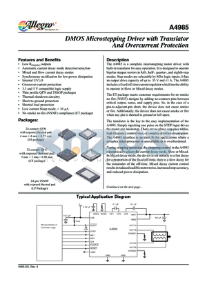 A4985 datasheet - DMOS Microstepping Driver with Translator And Overcurrent Protection
