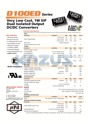 D100ED datasheet - Very Low Cost, 1W SIP Dual Isolated Output DC/DC Converters