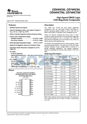 CD54HCT85F3A datasheet - High-Speed CMOS Logic 4-Bit Magnitude Comparator