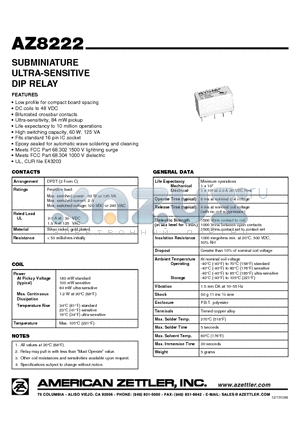 AZ8222-2C-12DSSE datasheet - SUBMINIATURE ULTRA-SENSITIVE DIP RELAY