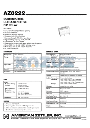AZ8222-2C-15DME datasheet - SUBMINIATURE ULTRA-SENSITIVE DIP RELAY