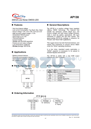 AP138 datasheet - 300mA Low-Noise CMOS LDO