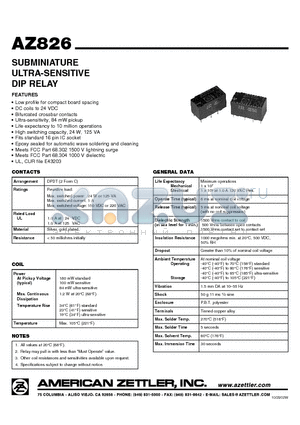 AZ826 datasheet - SUBMINIATURE ULTRA-SENSITIVE DIP RELAY