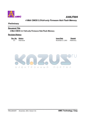 A49LF004TX-33C datasheet - 4 Mbit CMOS 3.3Volt-only Firmware Hub Flash Memory