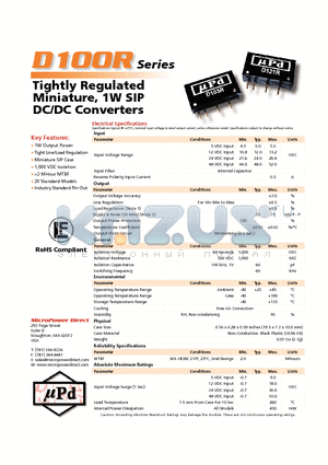 D100R datasheet - Tightly Regulated Miniature, 1W SIP DC/DC Converters
