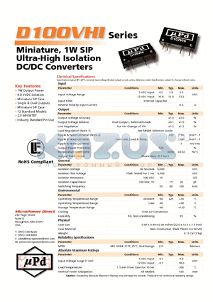 D100VHI datasheet - Miniature, 1W SIP Ultra-High Isolation DC/DC Converters