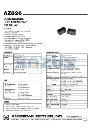 AZ826-2C-12DSE datasheet - SUBMINIATURE ULTRA-SENSITIVE DIP RELAY