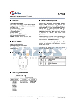 AP139-18TWA datasheet - 300mA Low-Noise CMOS LDO