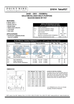 D1014 datasheet - GOLD METALLISED MULTI-PURPOSE SILICON DMOS RF FET