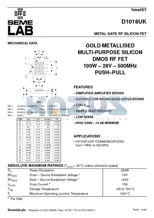 D1018 datasheet - METAL GATE RF SILICON FET