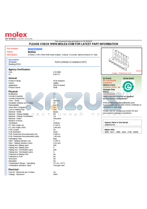 22-23-5054 datasheet - 2.54mm (.100) Pitch KK^ Solid Header, Vertical, 5 Circuits, without Kinked PC Tails