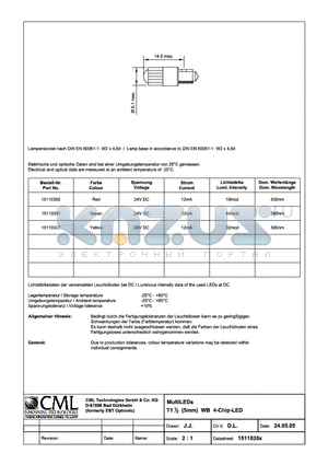 15110351 datasheet - MultiLEDs T11/2 (5mm) WB 4-Chip-LED