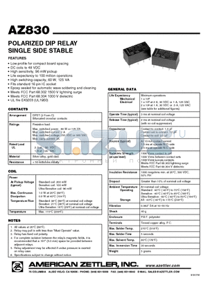 AZ830-2C-12DSE datasheet - POLARIZED DIP RELAY SINGLE SIDE STABLE