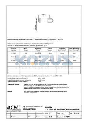15113453 datasheet - MultiLEDs T11/2 (5mm) WB 6-Chip-LED with bridge rectifier