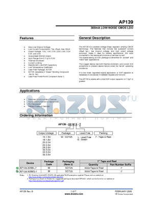 AP139-XXWG-7 datasheet - 300mA LOW-NOISE CMOS LDO