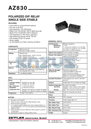 AZ830-2C-5DE datasheet - POLARIZED DIP RELAY SINGLE SIDE STABLE