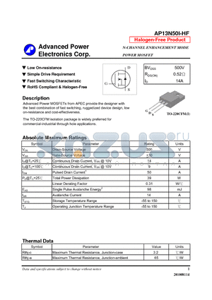 AP13N50I-HF datasheet - N-CHANNEL ENHANCEMENT MODE POWER MOSFET