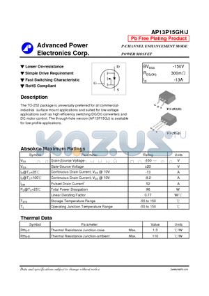 AP13P15GJ datasheet - P-CHANNEL ENHANCEMENT MODE POWER MOSFET