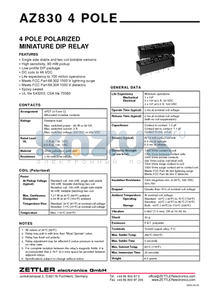 AZ830-4C-12DSEA datasheet - 4 POLE POLARIZED MINIATURE DIP RELAY